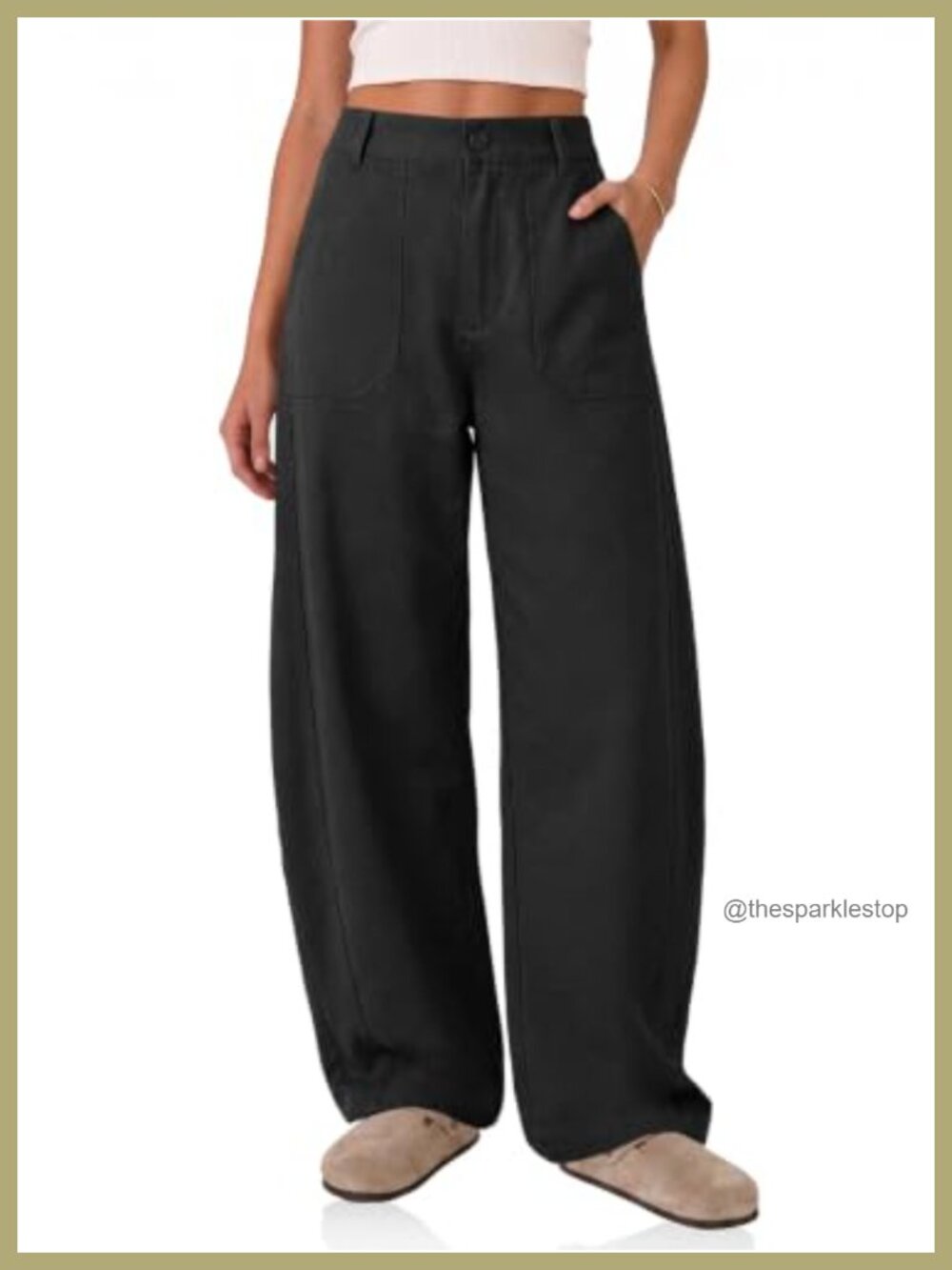 High Waisted Barrel Pants Wide Leg Cuffed Loose Fit Side Pockets Casual